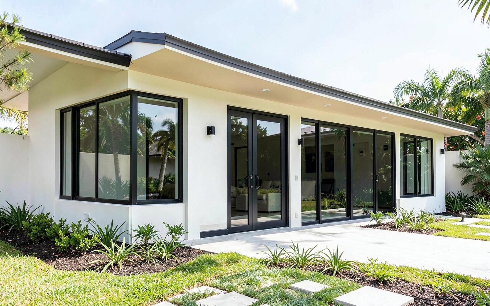 Home exterior with tall black-frame glazing and sliding glass doors